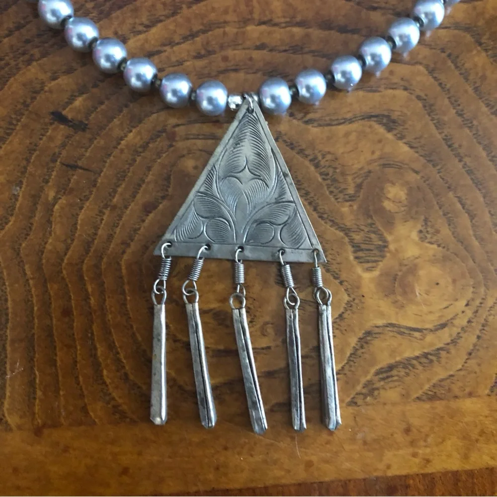 Handcrafted repurpose southwest etched steel pendant Czech glass Pearl necklace